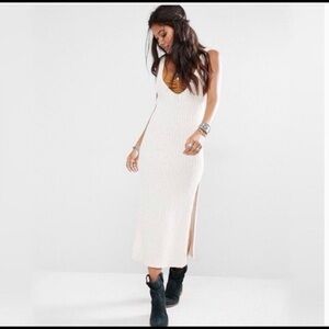 Free People Cream Ribbed V-Neck Midi Dress